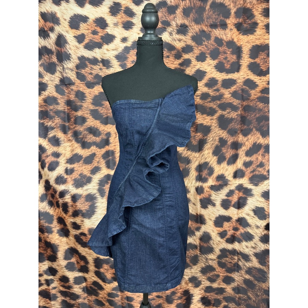 Guess Strapless Denim Mini Dress Dark Wash Ruffle Front Bodycon Zip Back